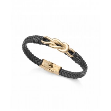 Pulsera de hombre Magnum de acero dorado y cuero negro