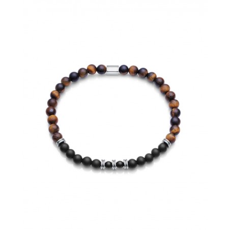Pulsera de hombre Beat de acero con ojo de tigre y agata negra
