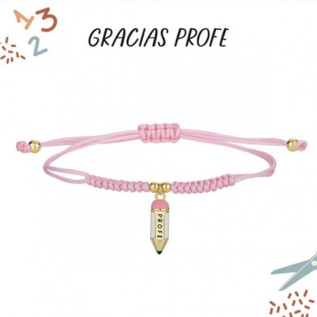 Pulsera de hilo rosa anudado lapicero esmalte blanco y rosa de plata chapada profe