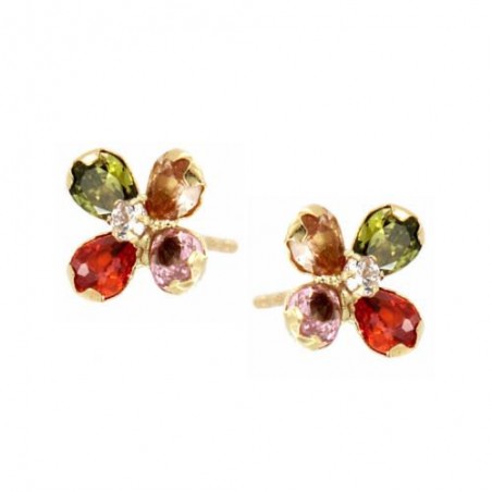 Pendientes Oro 18K Flor Piedras