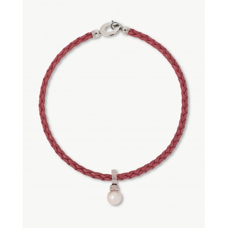 Collar Cuero Rojo y Perla Braid