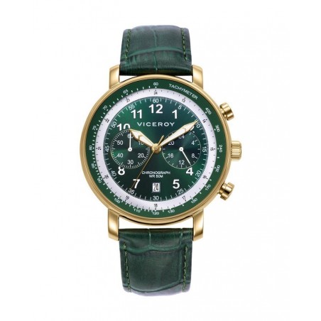 Reloj caja de acero Ip dorado 5 Atm, correa de piel verde, movimiento cuarzo
