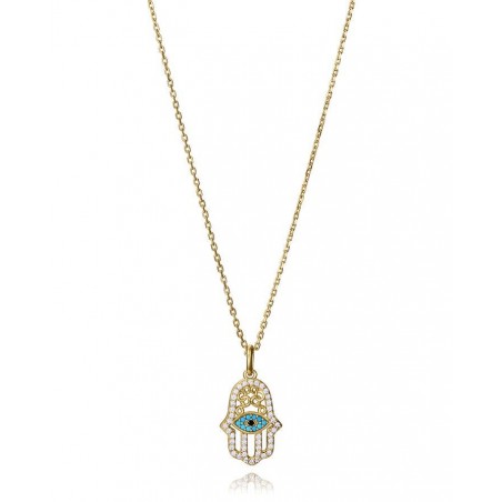 Collar de plata de primera ley con baño de oro y colgante mano de fatima con circonitas