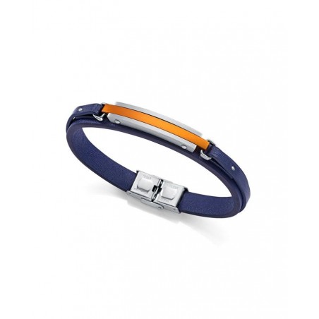 Pulsera de piel azul, placa de acero y aluminio naranja, de hombre