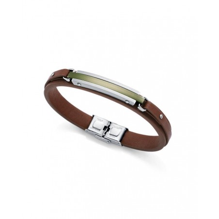 Pulsera de piel marrón, placa de acero y aluminio verde, de hombre