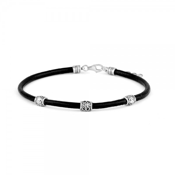 Promojoya - Pulsera de cuero negro 3 mm abalorios de plata