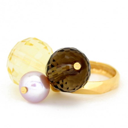 Anillo Oro 18K Perla Rosa y Bolas de Cuarzo