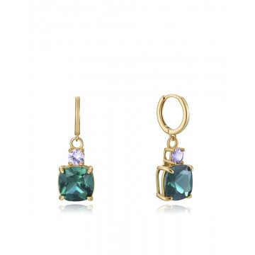 Pendientes Elegant de plata de ley con baño de oro, con cristales de color verde y lavanda