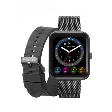 Reloj Smart de alumino gris con malla milanesa en acero gris y correa negra
