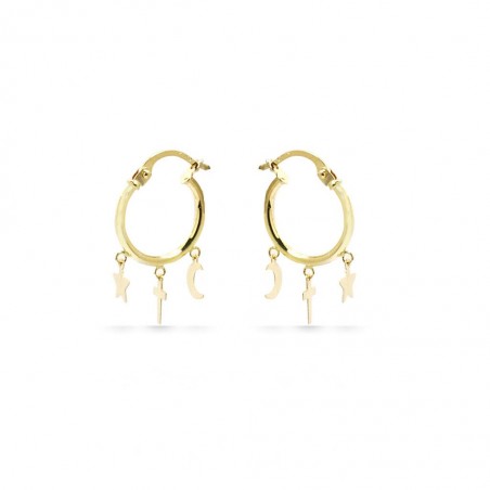 Pendientes Oro 18K Aro con Cruz, Estrella y Luna